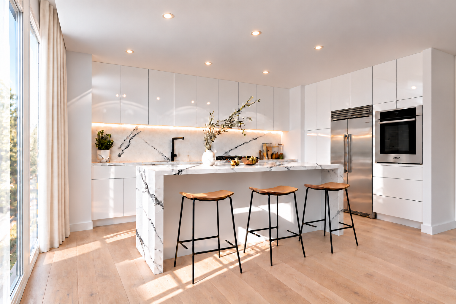 High Gloss White flat-front cabinet kitchen concept with a marble-look island and warm wood floor