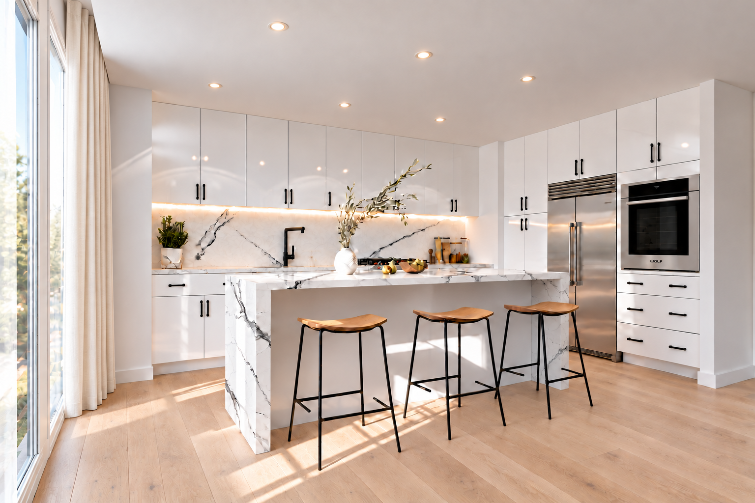 Kitchen design inspiration: white cabinetry, a white waterfall island and backsplash with black veining, stainless appliances, black fixtures, three oak stools, white oak flooring, clear windows with ivory drapery and aligned recessed lights